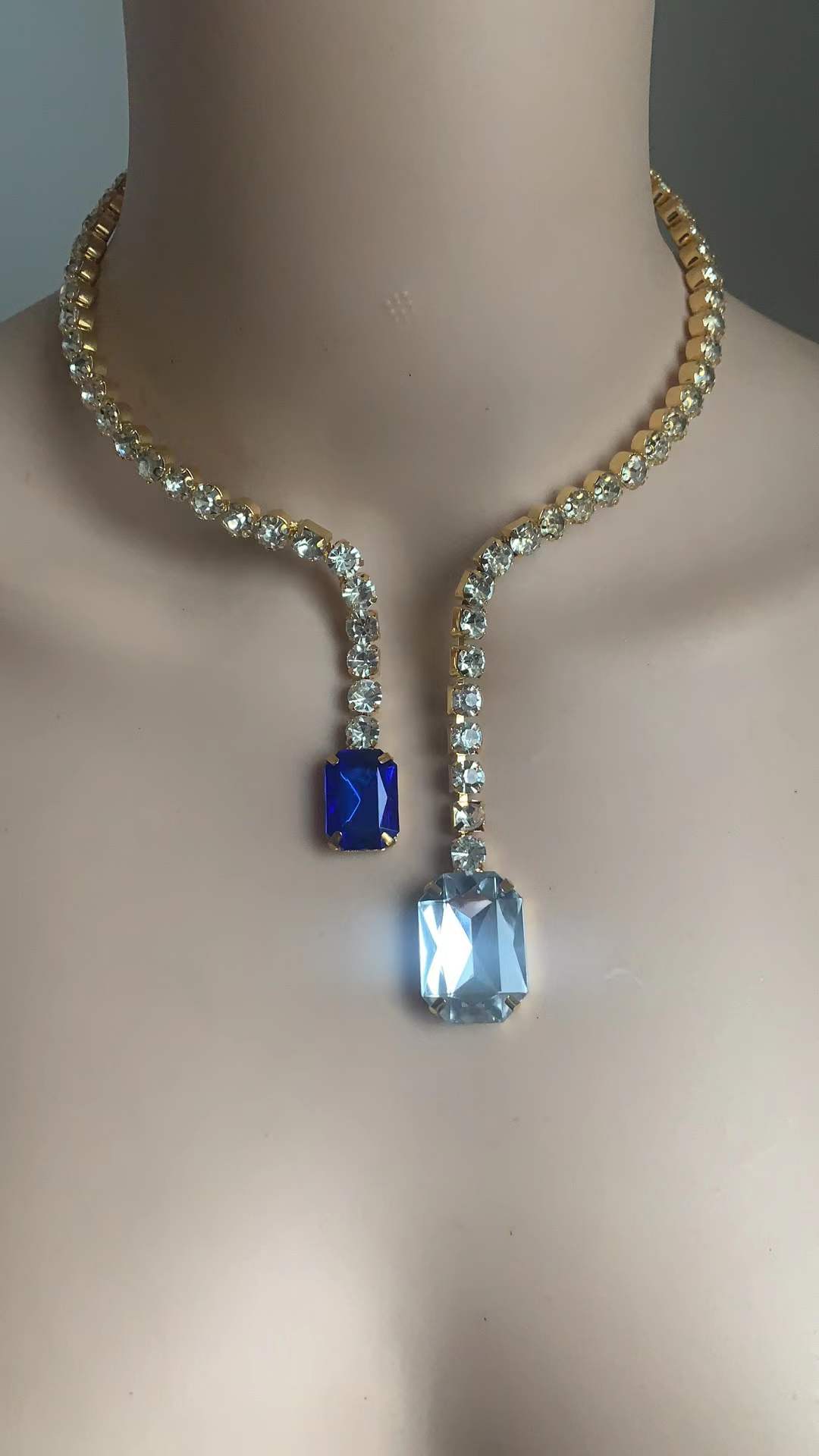 Collar con colgante de cristal doble grande para mujer, joyería de boda con Torques, Gargantilla abierta con diamantes de imitación brillantes: Dark Blue / Plata