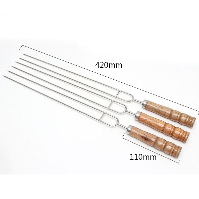 Barbecue Skewers Wooden Handle Bbq Needle Stick for Outdoor Camping Picnic Tools Cooking Tools Reusable Stainless Steel Metal