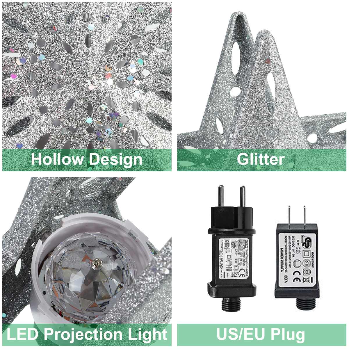 3D Glitter Star Lighted Christmas Tree Topper with Snowflake Projector Lighted Christmas Decorations for Tree EU Pulg