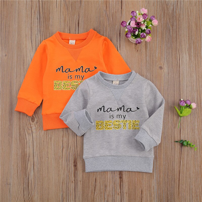 Vår höst barn baby kläder leopard brev tryck sweatshirt lång ärm rund krage tröjor toppar för pojkar flickor