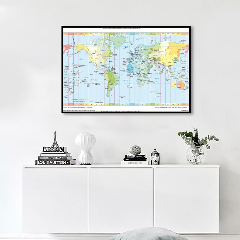 84*59cm Time Zone Map of The World In French Canvas Painting Wall Art Poster Living Room Classroom Home Decor School Supplies