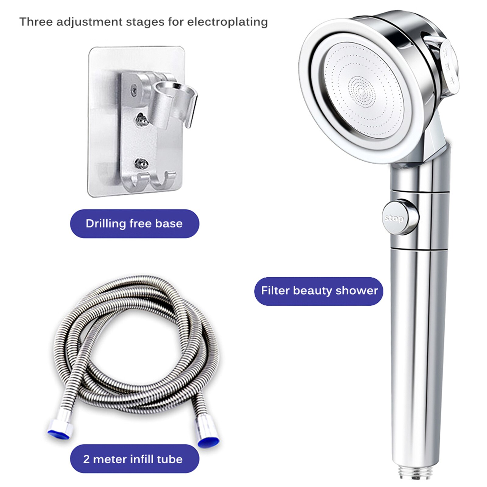 Bathroom Shower Head with High Pressure Water Saving Adjustable Showerhead with ON/Off Pause Switch and 3-Settings Control Flow