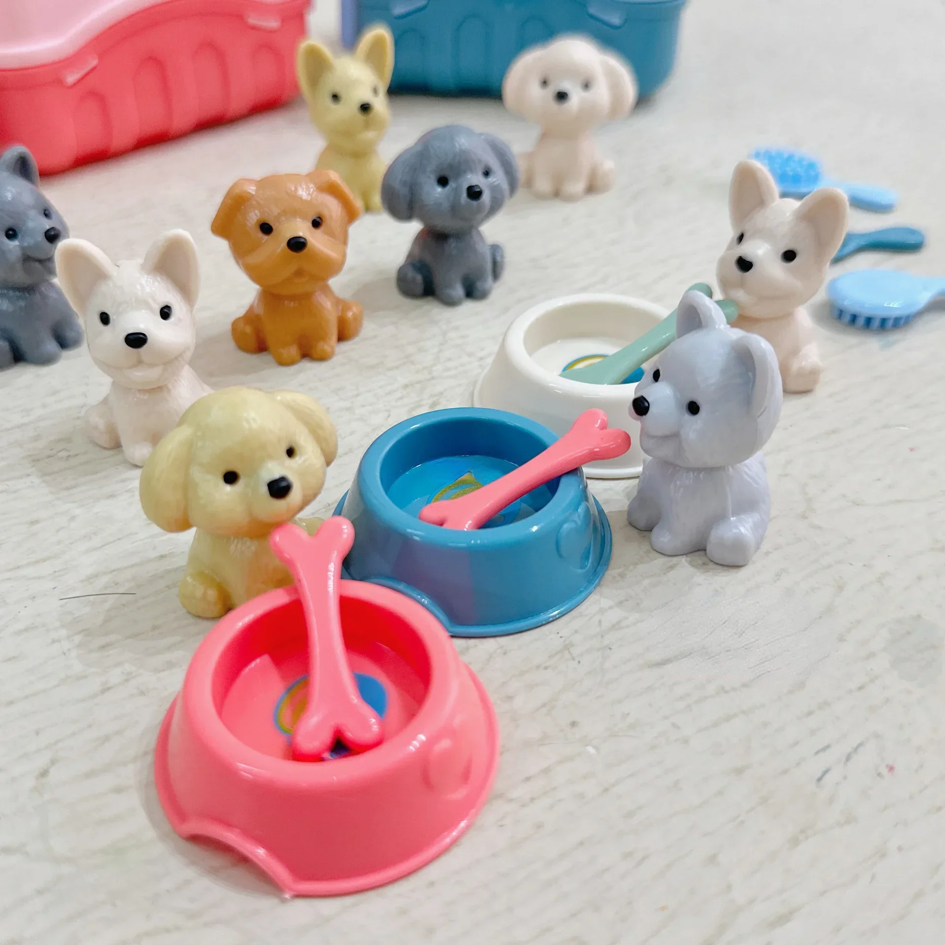 8pcs/set Cute Dog Pet Basket Family Toys Dog Doll Set Dog Cage Toys Scene Playing Toys Christmas Decoration