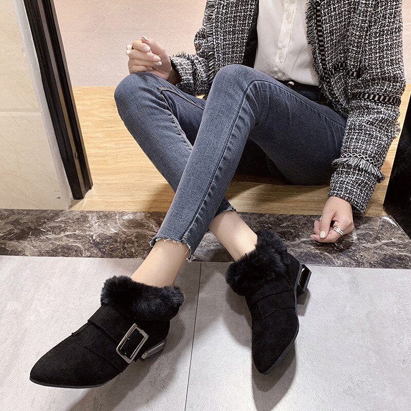 Aksamitne, pluszowe, krótkie botki z klamrą robić paska, zamkiem błyskawicznym, szpiczastymi noskami, zimowe, ciepłe, bawełniane, botki damskie na niskim obcasie