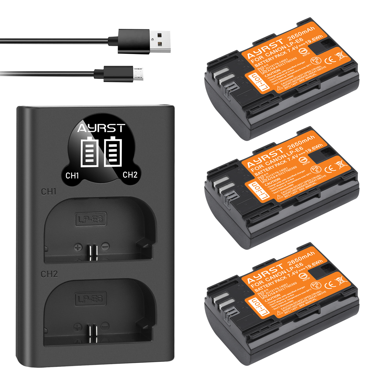 Batterie 2650mAh LP E6 LPE6 LP-E6 E6N + double chargeur LED pour appareil photo Canon EOS 5DS R 5D Mark II 5D Mark III 6D 7D 70D 80D: 3 Battery 1 Charger
