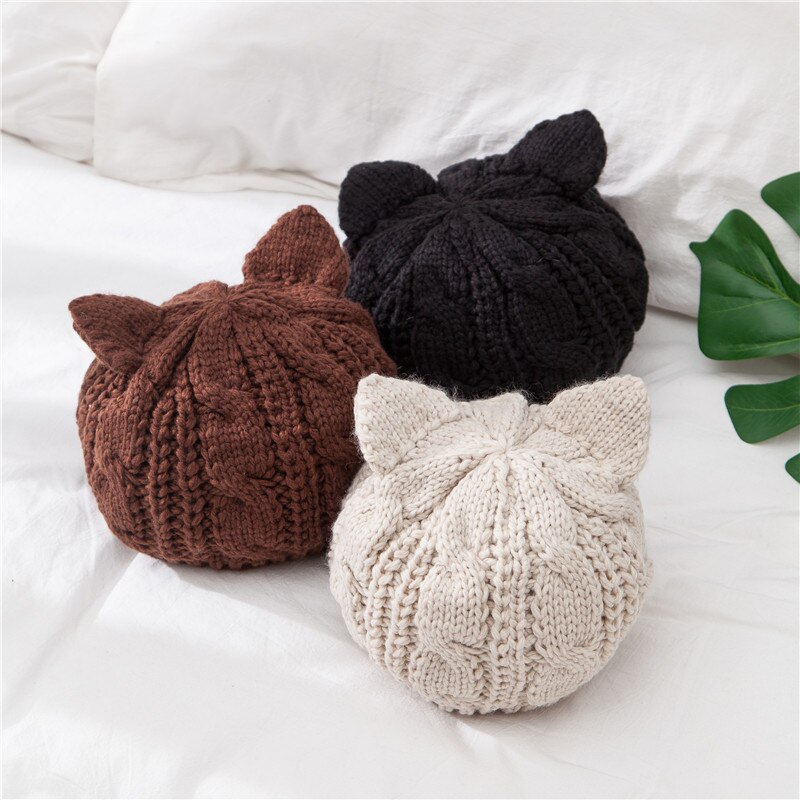 Orecchie di gatto delle donne solido del cappello di Inverno lavorato a maglia cappelli di lana berretti Cappellini uncinetto di tendenza cofano carino cappuccio delle donne gorros mujer invierno