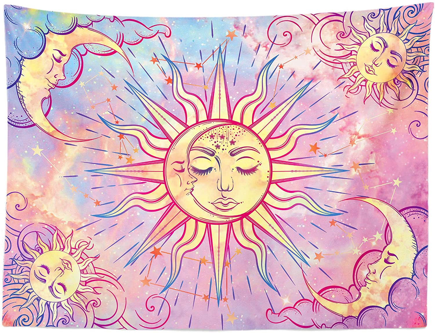 Pastel Pink Tapestry Mystic Celestial Sun and Moon with Stars Wall Hanging