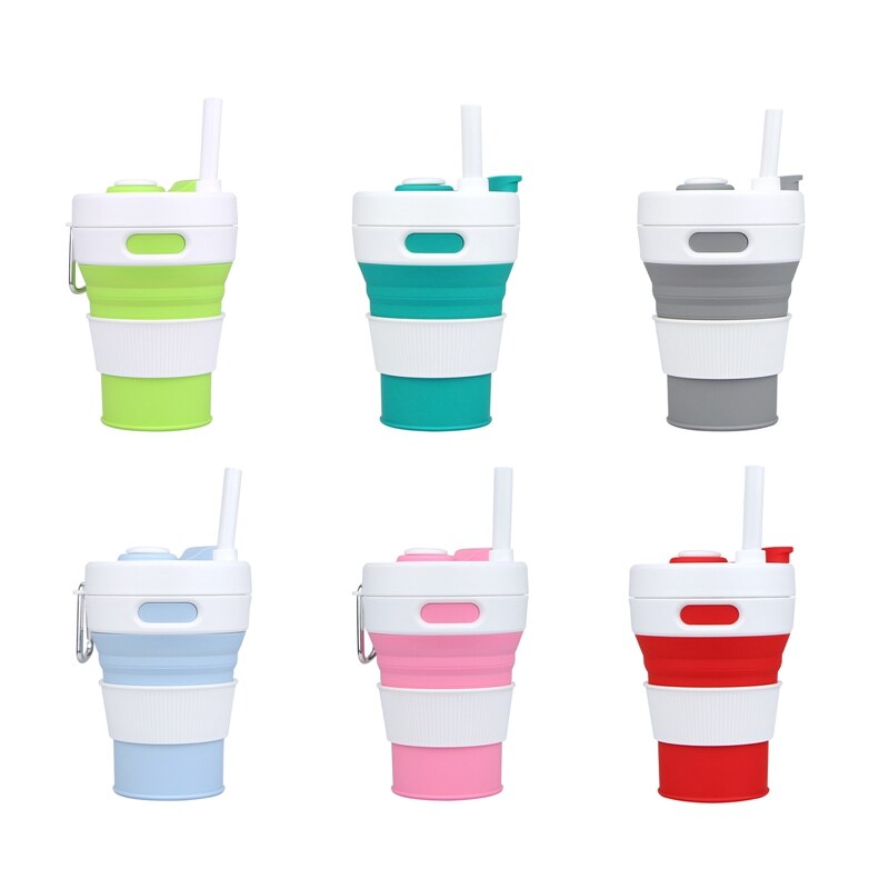 Folding Silicone Cup with Straw 450ML Portable Leakproof Outdoor Travel Telescopic Drinkware Cup Milk Water Coffee Mug Cups