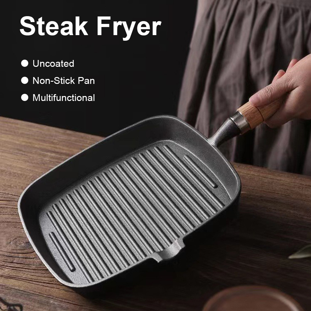 Gusseisen Pfanne Steak Pfanne mit Holzgriff unbeschichtete Antihaft-Bratpfanne Steak Braten Topf Steak Pfanne für Camping