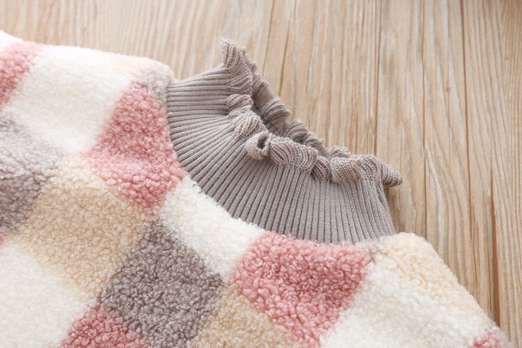 Babymeisjeskleding winter wollen warme dikke dubbellaagse geruite trui pullover hoge kraag modieuze jas