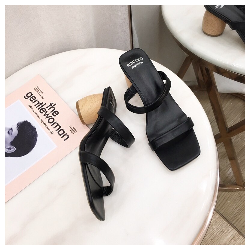 Dam sandaler höga träklackar flip flop dam toffel dam rutschkanor utomhus tofflor sommar sandal kvinnlig toffel: Svart / 7.5