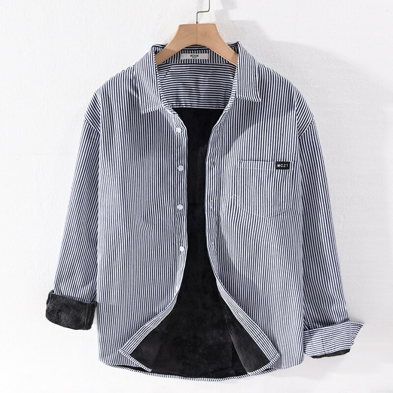 Winter en herfst gestreept met fluweel warm overhemd heren casual comfortabele overhemden voor heren streep chemise camisa: Donkerblauw / M (aziatische maat)
