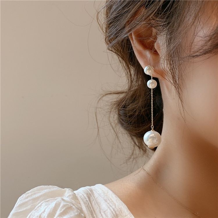 Korean Silver Color Long Chain Tassel Double Pearl Earrings for Women Two Wear Style Pearls Ball Stud Earrings Wedding Jewelry