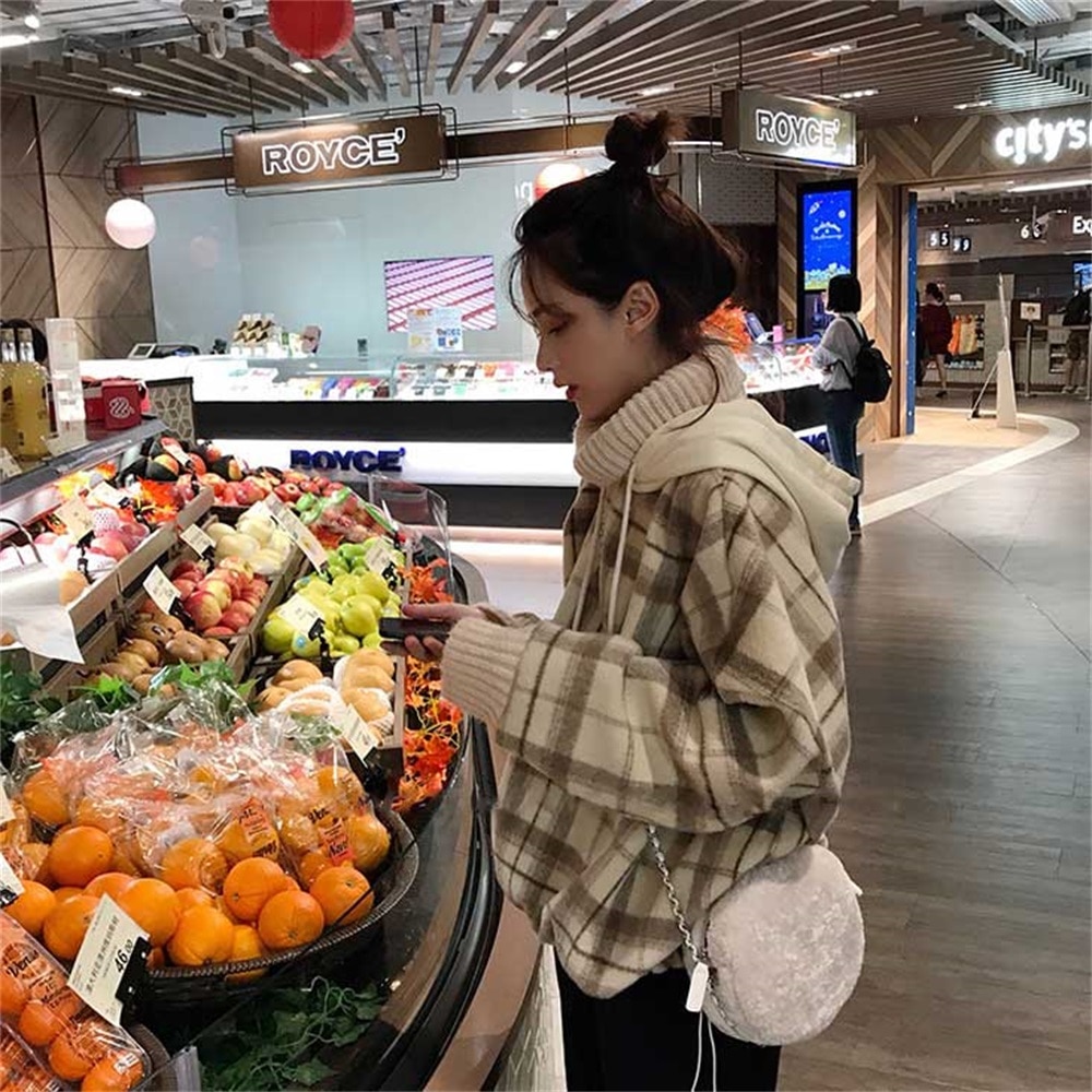 Kpop sweat à capuche haut pour femme Plaid à manches longues faux deux pièces col haut pulls sweat femmes hiver Pastel vêtements sweats à capuche chauds