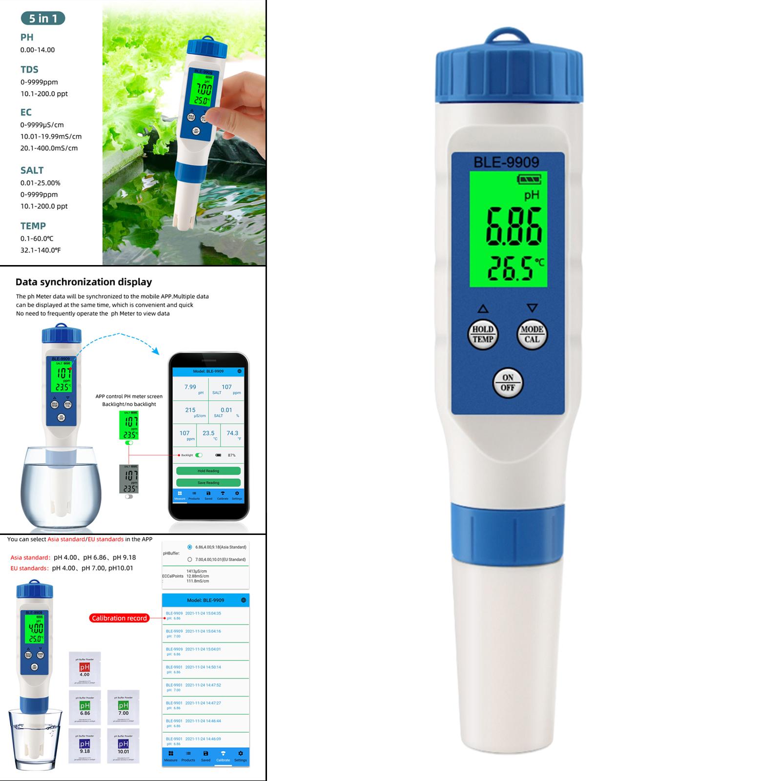 Water Tester PH Meter,PH,EC/Tds/Salinity,Temp Measurement EC Meter for Swimming Pools