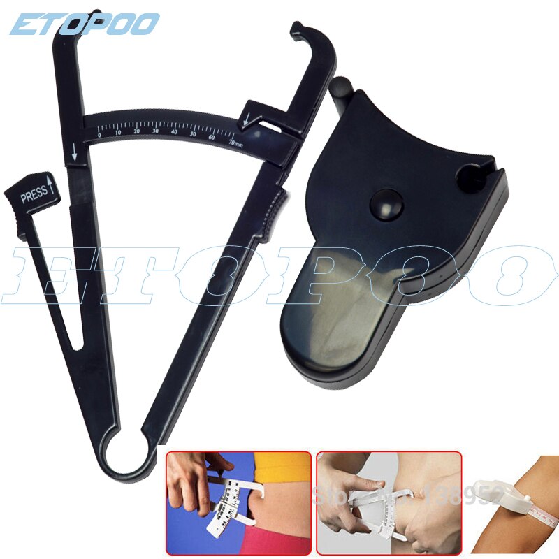 2pc Body Fat Caliper with Body Mass Measuring Tape Tester Fitness Weight Loss Muscle black color 2pcs/set