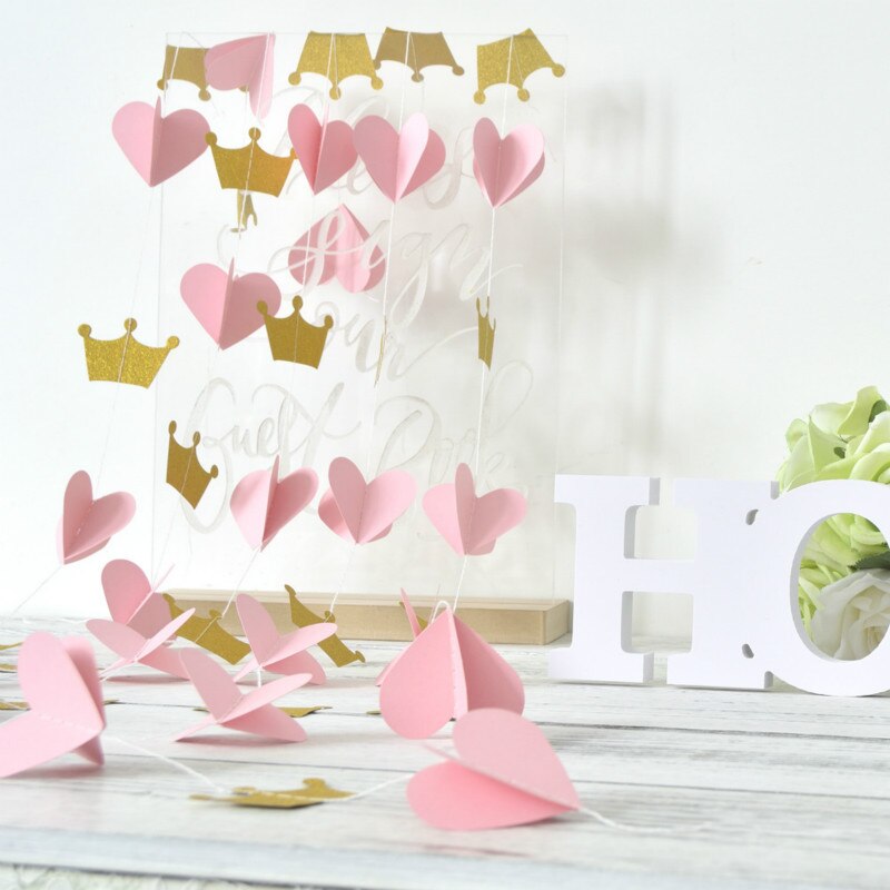 2cm Gold Crown and 3D Pink Heart Garland Bunting for Weddings or Birthday Party Decoration