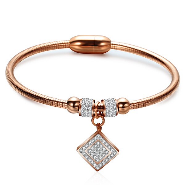 Square Crystal Bracelets Bangles Magnet Clasp With Snake Chain 316L Stainless Steel Wedding Jewelry Bangle for Women: Rose Gold Color