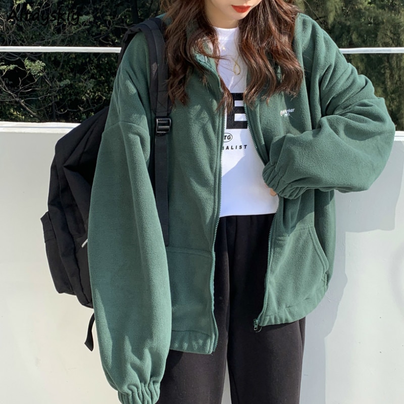 Hættetrøjer kvinder lynlås-nedslået krave trykt lomme langærmet koreansk stil trendy afslappet bf ulzzang harajuku kvinders dagligt