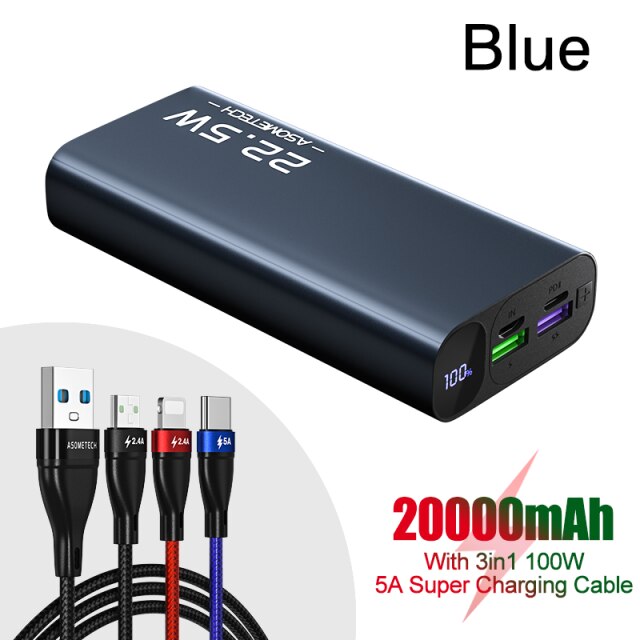 Power Bank 20000mAh Portable Charger 22.5W QC3.0 SFC PD USB Type C Fast Charging PowerBank 20000 mAh for iPhone External Battery: Blue with cable
