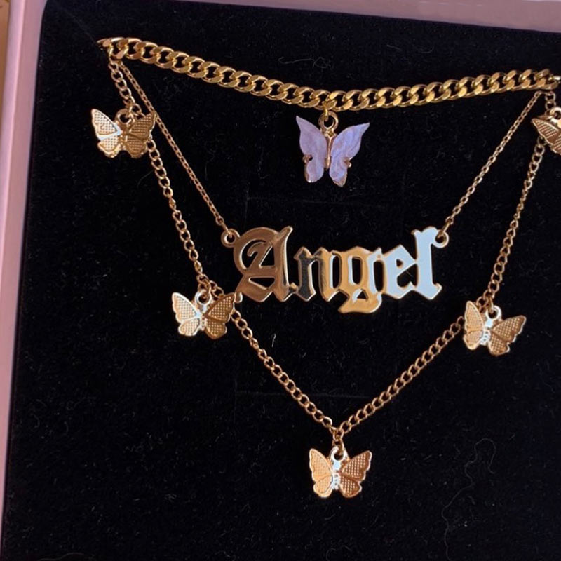 Collares de cristal multicapa con de mariposa y dragón para mujer, cadena de clavícula con letras de Ángel dorado Punk, joyería para de hip hop, novedad
