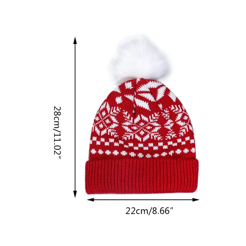 Women Christmas Snowflake Winter Knitted Beanie Hat Cute Fluffy Pompom Stretch Cuffed Skull Cap Ski Ear Warmer
