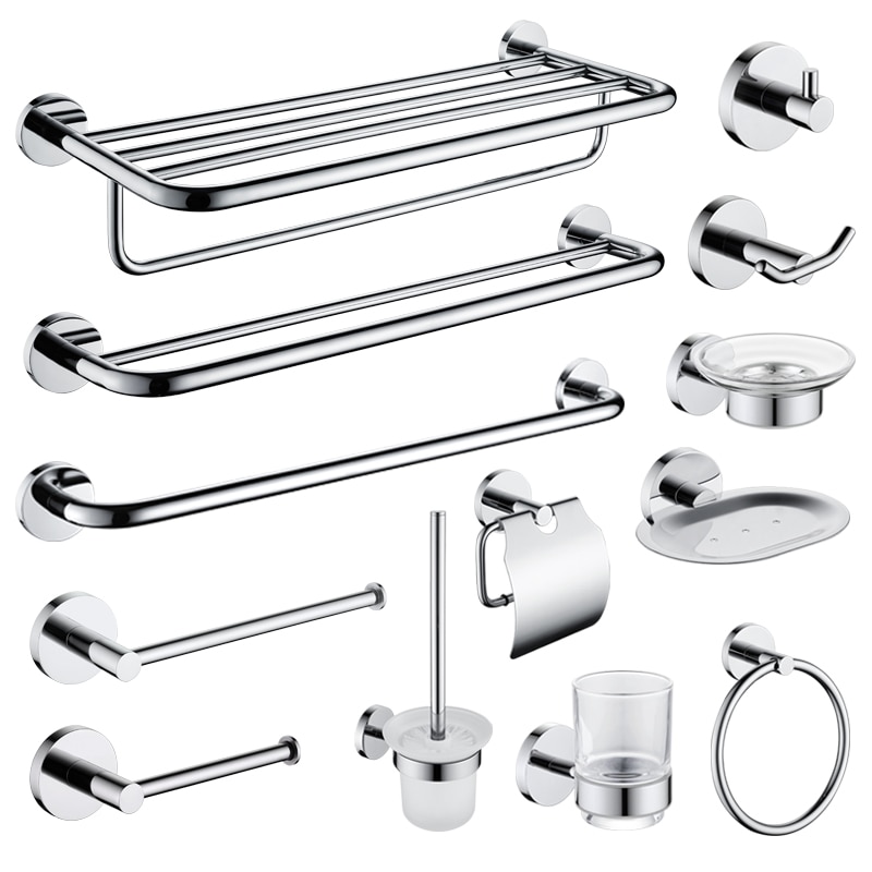 Badkameraccessoires Handdoekenrek Plank Papierhouder Roestvrij staal Toiletborstelhouder Handdoekring Robe Hook Hanger Chroom
