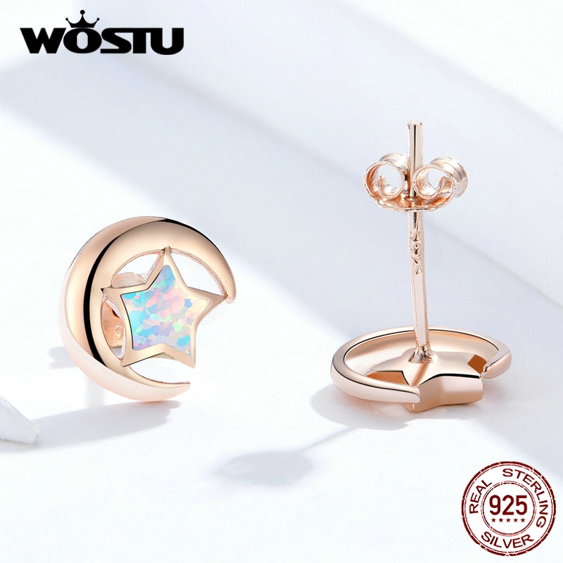 Wostu 925 Sterling Zilver Kleurrijke Star Opal Rose Gold Stud Oorbellen Voor Vrouwen Wedding Oorbellen 925 Sieraden CQE816-C