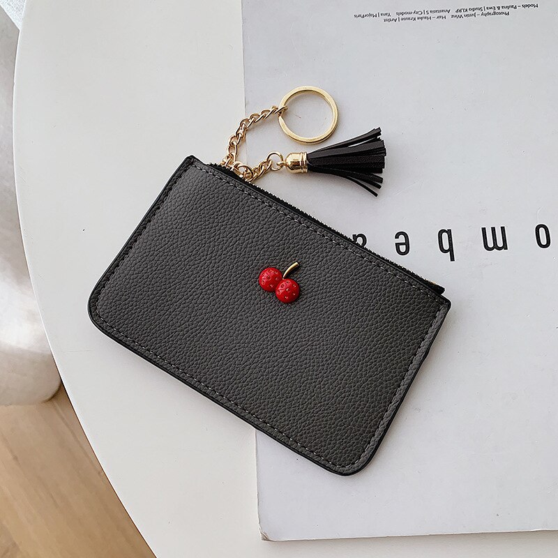 Enkel körsbär koreanskt pu-läder ultratunn klämma mjukt läderfransar dragkedja kort plånbok damkortväska noll plånbok: Mörkgrå