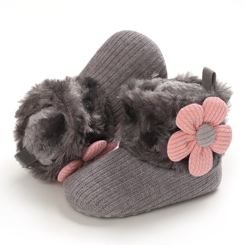 Kleines Baby Mädchen Winter Schnee Stiefel Weiche Faux Pelz betroffen Blume Booties Anti-Unterhose Kleinkind Prewalkers: D / 7-12 Monate