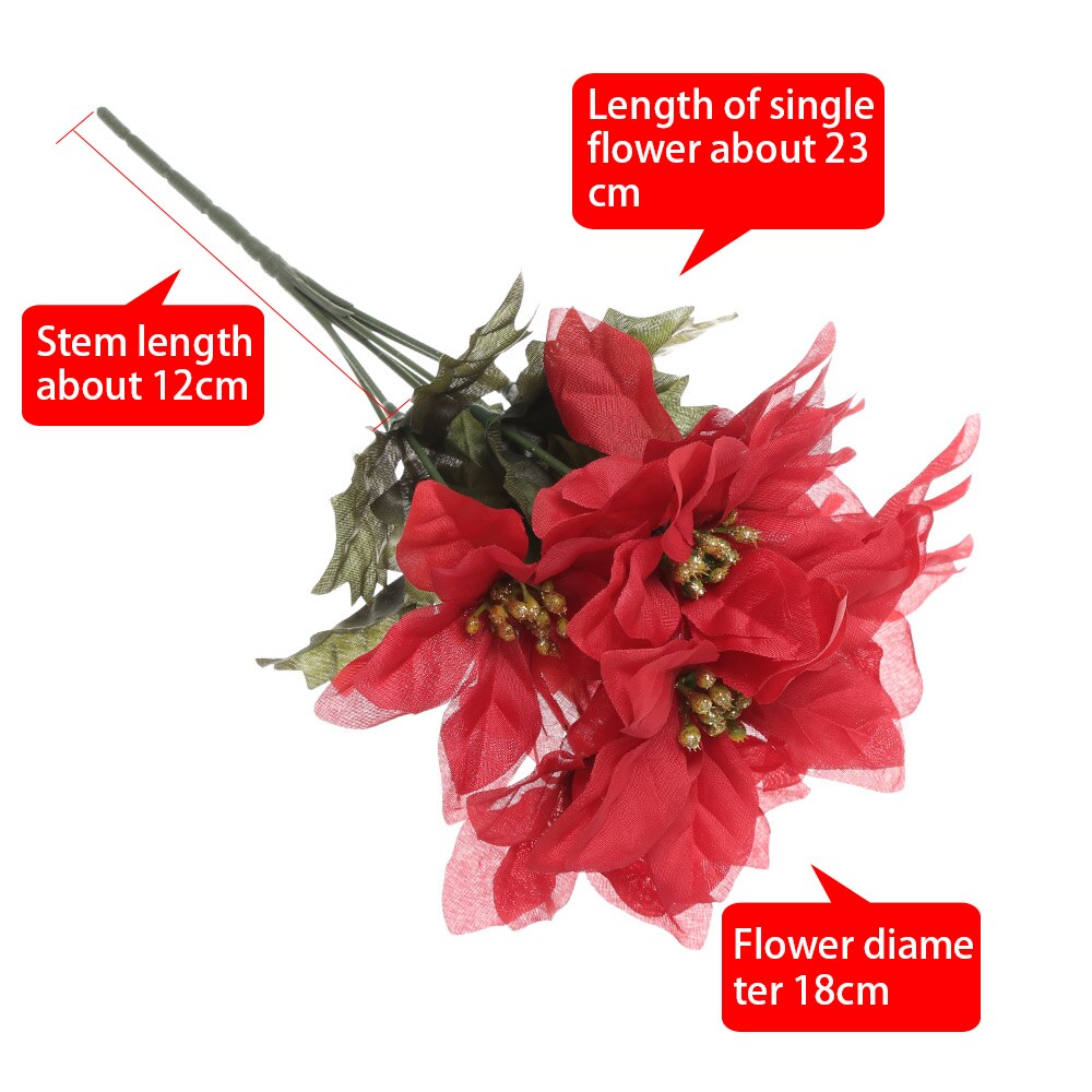 7 Heads/bunch Artificial Christmas Flowers Real Touch Flannel Red Poinsettia Bushes Bouquets Xmas Tree Ornaments Centerpiece
