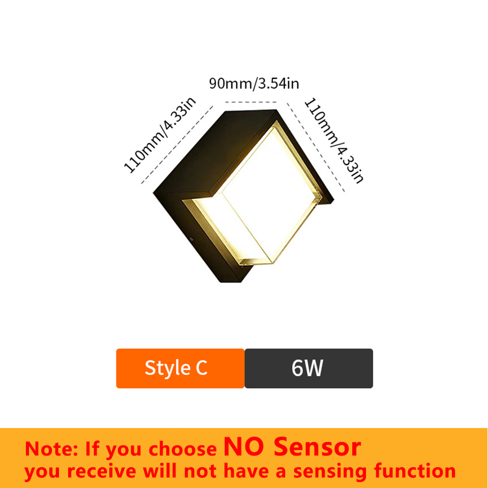 Lámpara de pared LED, Sensor de movimiento moderno, AC85-265V interior/exterior, 6W, 12W, luz de pared impermeable IP66 para decoración de camino de calle y jardín: Gris claro / Rojo / 6 W