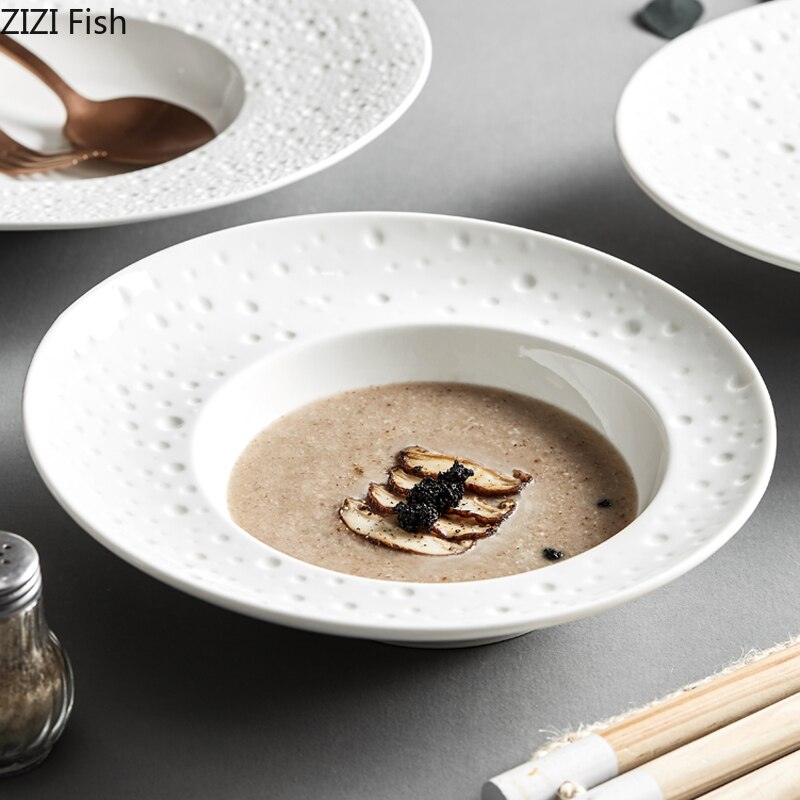 Plato blanco con forma de sombrero de paja para el norte de Europa, vajilla de decoración para restaurante, plato de sopa de carne y espagueti, plato de postre y fruta