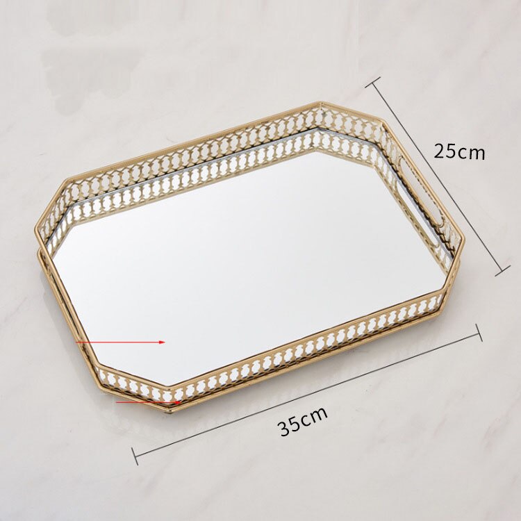 Bandejas doradas decorativas para almacenamiento de joyas, bandeja de vidrio con espejo Vintage, rectangular/redondo, plato de fruta, artículos pequeños de escritorio, placa de exhibición de joyería: Rectangle-L