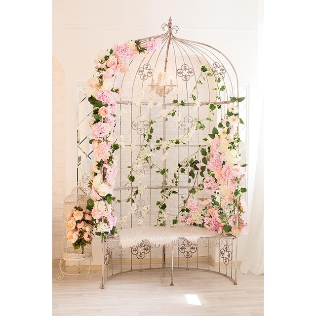 Vinyl Pink Flowers Decorated Cage Photography Background Printed Newborn Baby Shower wedding Props Photo Studio Backdrops lv-215