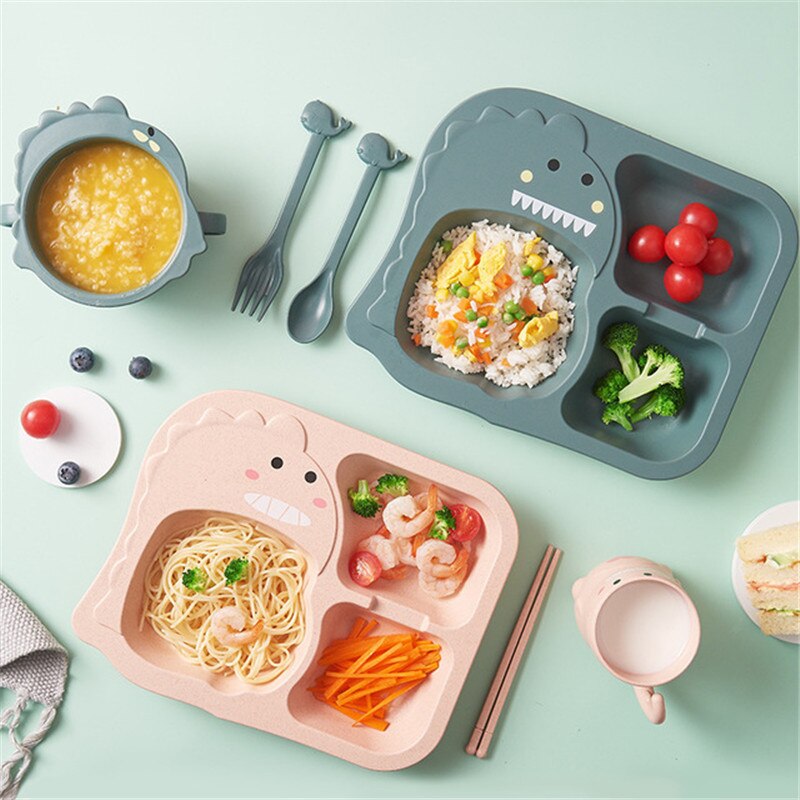 6 stykke sæt baby dinosaur bordservice børne middag tallerken gitter hjemme tegneserie fodringsretter