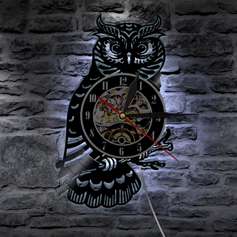 Chouette Horloge Murale Hibou Disque Vinyle Horloge Murale avec LED Lumière salon Décoration de La Maison reloj de épurée relojes