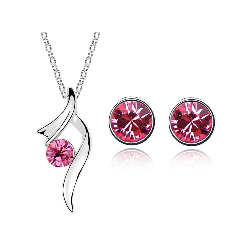 top czech rhinestone girl bridal charm ribbon round pendant necklace earring jewelry set 8 colors