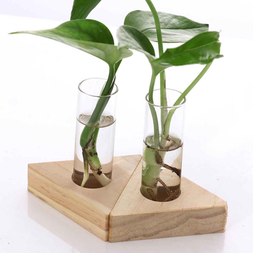 Plantador de 2 uds, jarrón de flor de tubo de prueba, macetas de cristal de mesa en soporte de madera
