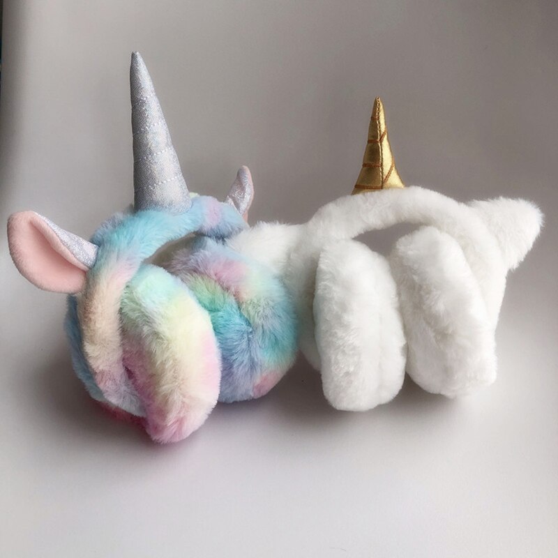 Casque de licorne arc-en-ciel blanc mignon doux filles hiver cache-oreilles femmes accessoires couvre-oreilles chauffe-oreilles protecteurs d'oreille