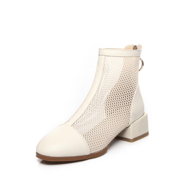 Morazora merk enkellaarsjes met hak, vierkante neus, zomerlaarzen, effen kleur, ademende damesschoenen, zwart: Beige / 10