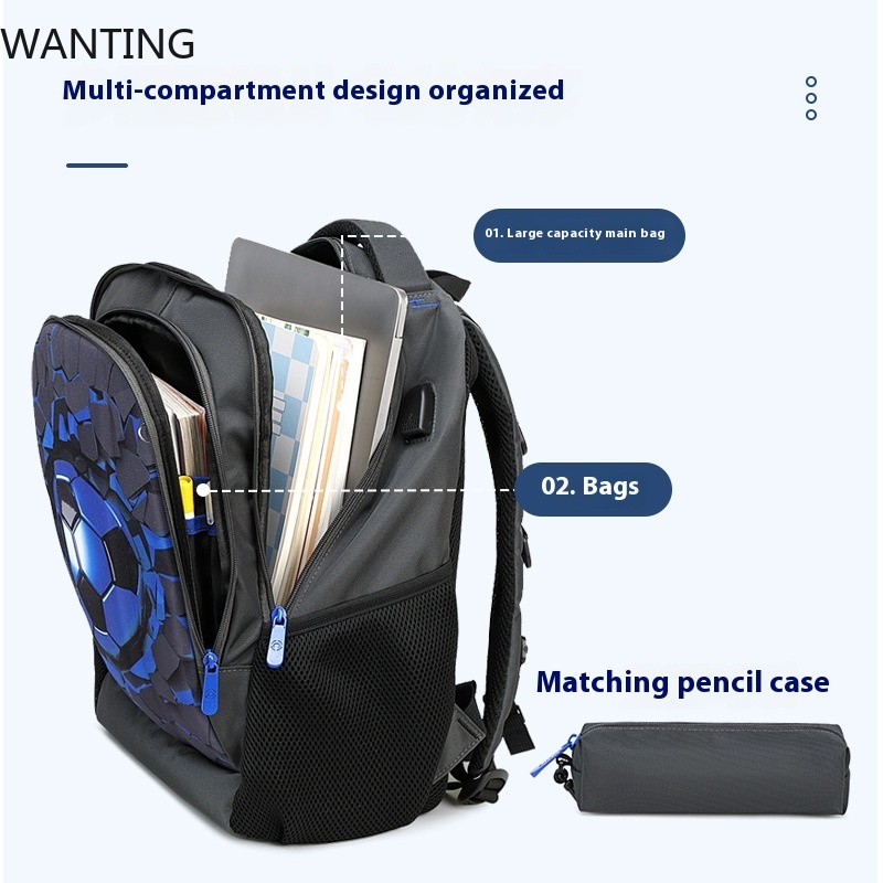 Svarta fotbollsryggsäckar för pojkar, hårda ortopediska skolväskor för mellanstadiet, usb-laddning, multifunktionell ryggsäck