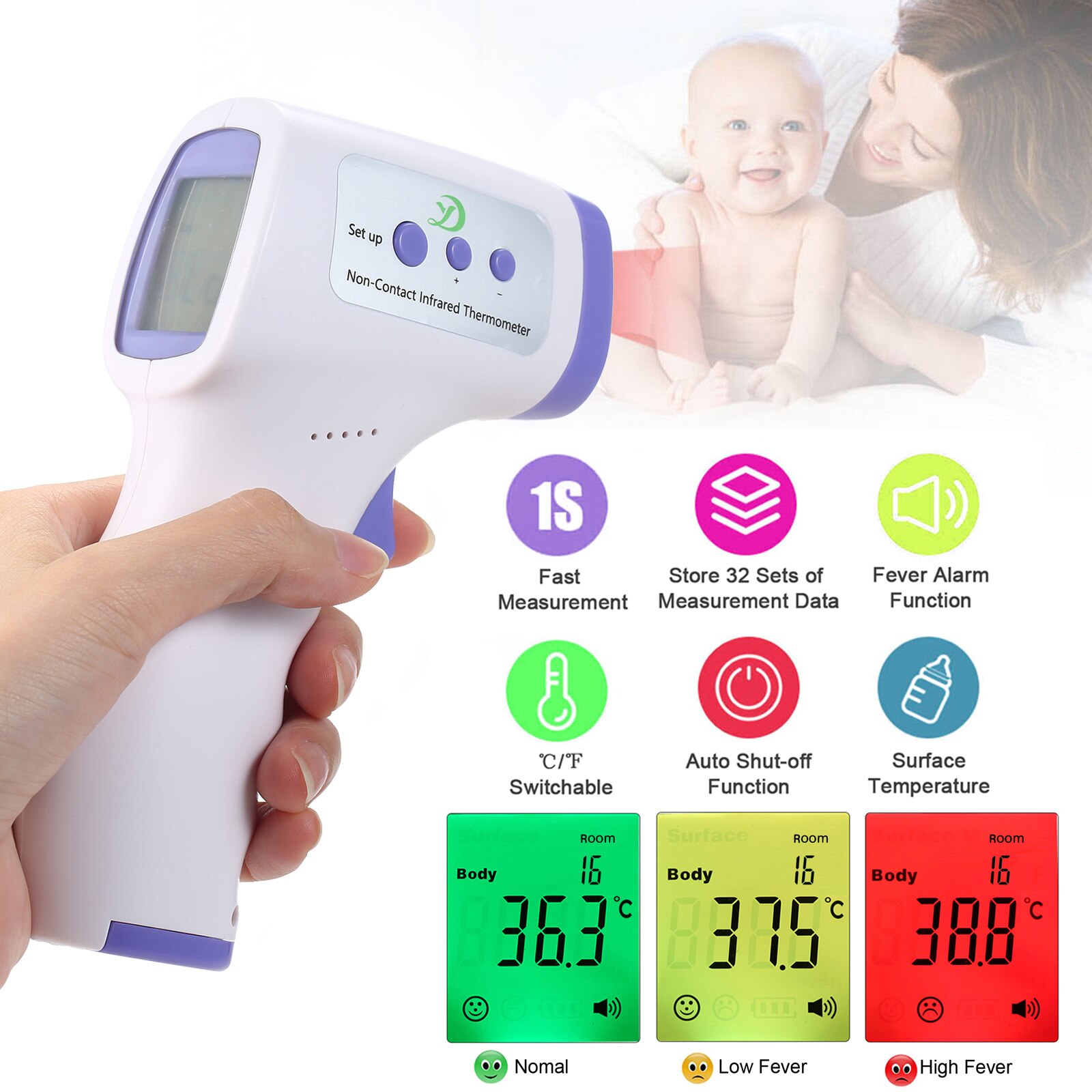 Non-contact Infrarood Thermometer 2 Modi Volwassen Kids Koorts Infrarood Temperatuur Led Digitale Thermometer Lichaam Gun Meting
