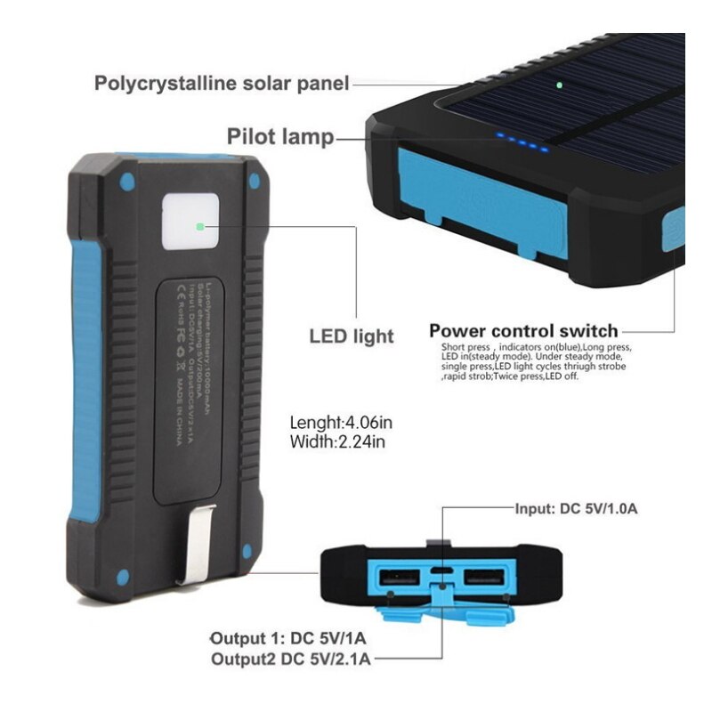 Universele Draagbare Waterdichte Solar Power Bank 12000 mah Dual-USB Solar powerbank backupBattery voor alle Telefoon Batterijen