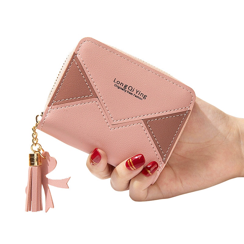 stitching color card clip change small wallet ladies short zipper tassel wallet mini coin purse