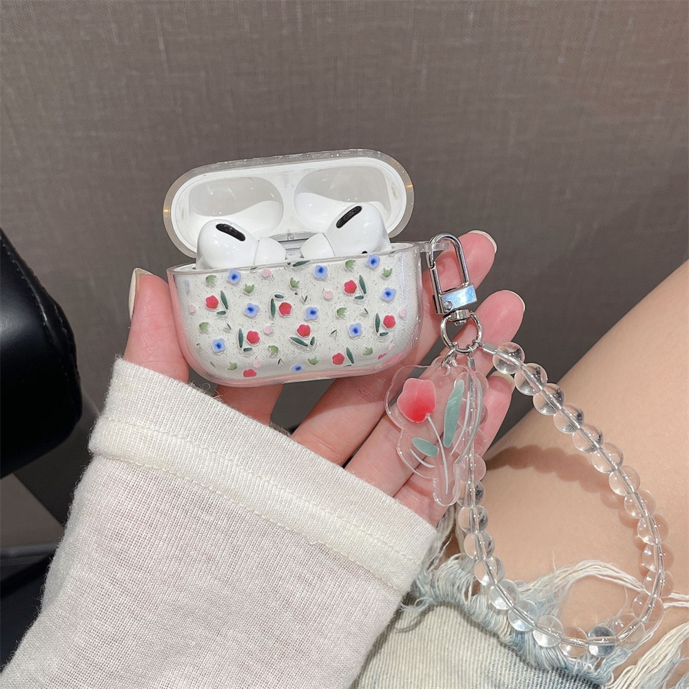 Étui brillant à paillettes de fleurs pour AirPods 1 2 3 4, housse de Bracelet pour écouteurs Bluetooth sans fil pour Apple airpods Pro 2nd Funda: M / IVOIRE