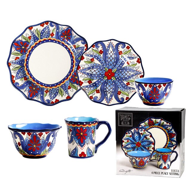 Ceramic Dinnerware Set with Flower Print Plate Bowl Mug Big Size Tableware Dish Steak Plates Retro Set