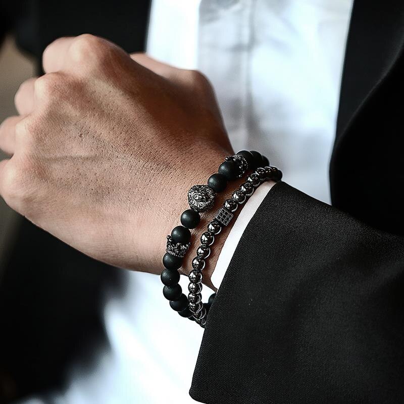 Klassieke Handgemaakte Lion Crown Charm Mannen Armband 2 Stks/set Matte Lava Stone Bead Armband Voor Mannen Sieraden: 4