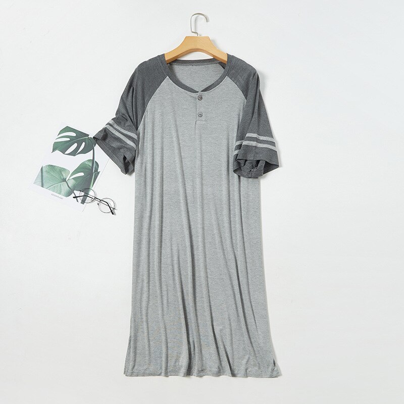 Losse Plus Size Slapen Jurk Mannen Nachtkleding Zachte Modal Katoen Gewaad Mannelijke Nightgowns Korte Mouw Rompertjes Pyjama Homewear Gewaden: gray dark gray / XXXL