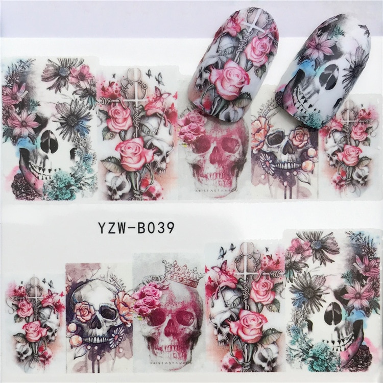 1 Vel Water Transfer Nail Art Stickers Rose Schedelbeenderen Ontwerpen Sliders Voor Nail Decals Diy Manicure YZW-B039